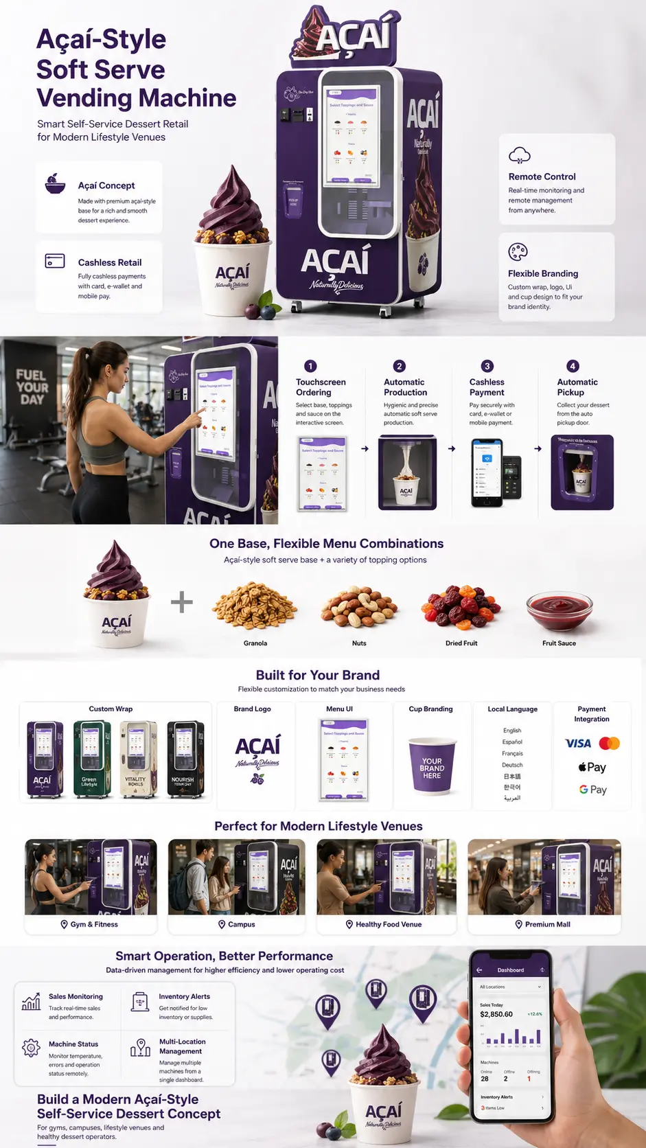 Huaxin acai soft serve vending machine for healthy dessert venues