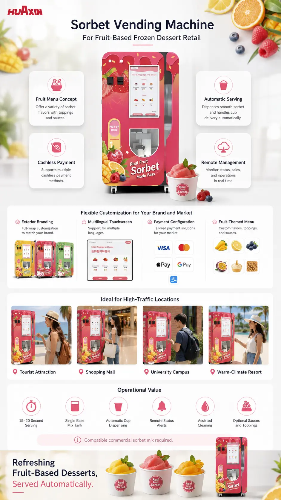 Automatic sorbet vending machine with touchscreen and cashless payment