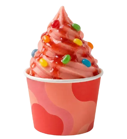 Pink fruit sorbet with fruit sauce and colorful candy toppings